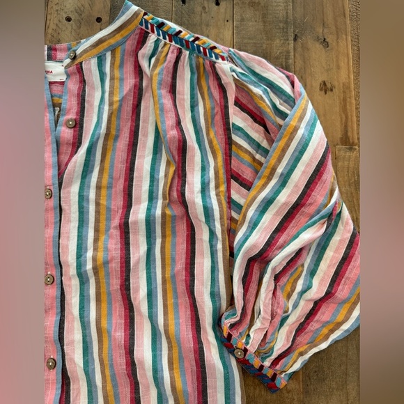 Xirena Charley Puff Sleeve Rainbow Striped Peasant Top Boho Festival Embroidered - Picture 5 of 5